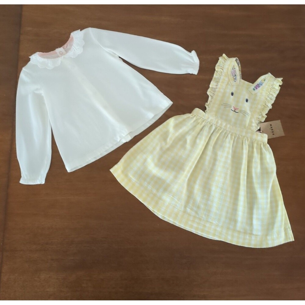 Mini Boden Girls Linen Blend Bunny Pinny Dress in yellow gingham size 2/3 NEW WT